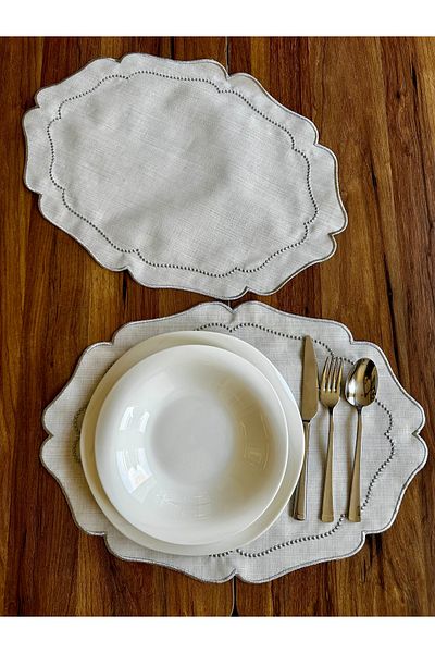 NURHAN HOME COLLECTION 2 Pieces Pearl Grain Embroidered Silver American Service Plate