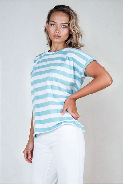 Kyron Tricou dublu pentru femei, 100% bumbac, cu dungi cu mâneci joase - cu diferite culori