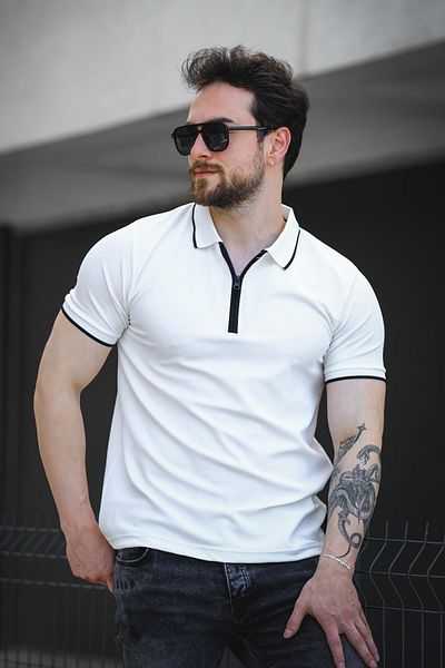Oksit Ανδρικό μπλουζάκι με ριγέ γιακά Calep Slim Fit με φερμουάρ Polo