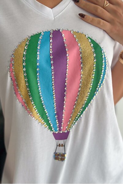 FEMELLE Women's White V-Neck Large Size Balloon Sequin Sequin Embroidered 100% Cotton T-Shirt