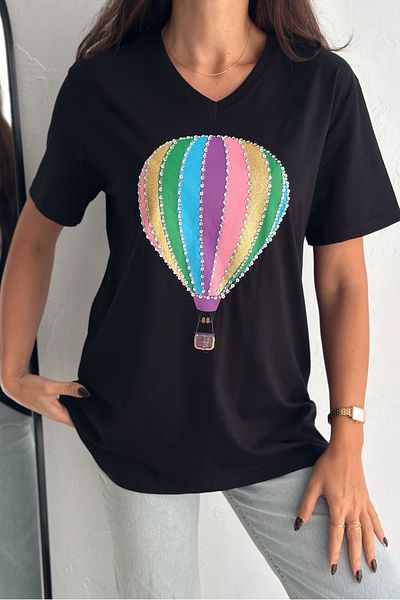 FEMELLE Tricou negru pentru femei, cu decolteu în V, cu paiete cu paiete, brodat, 100% bumbac
