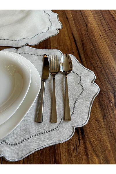 NURHAN HOME COLLECTION 6 Pieces Pearl Grain Embroidered Silver American Service Plate
