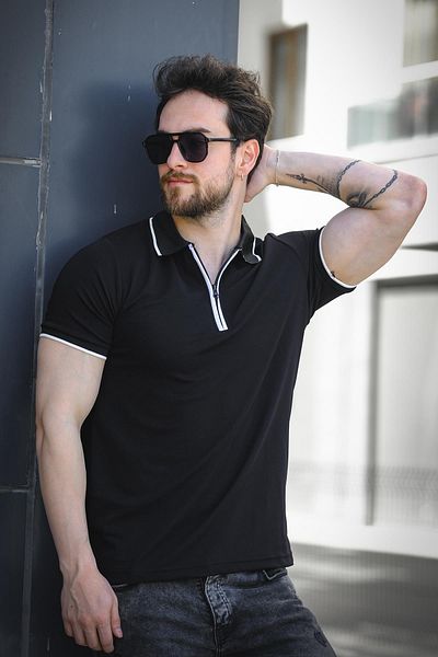 Oksit Ανδρικό μπλουζάκι με ριγέ γιακά Calep Slim Fit με φερμουάρ Polo
