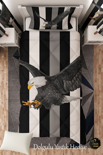 Talia Home Black and White Black Eagle Patterned Single Children's Quilt Sleeping Set