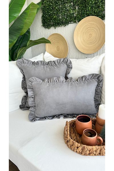 Decamor home Husă de pernă vintage cu textura de catifea, gri cu volane, 1 buc