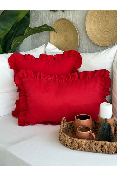 Decamor home Vintage Velvet Textured Red Ruffled Throw Pillow Cover 1 Pc