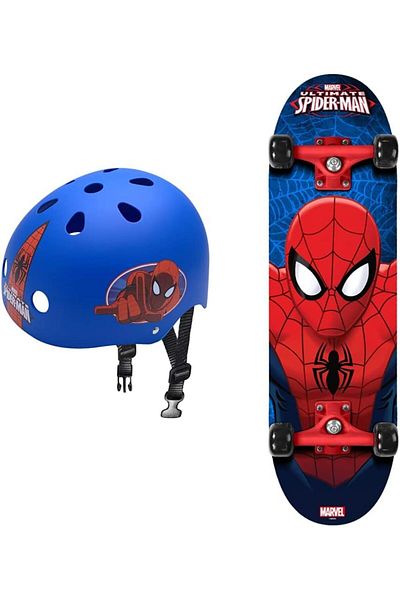 SPIDERMAN Set Skateboard Copii, 70x20cm, placa antiderapanta si casca de protectie, multicolor, Spiderman