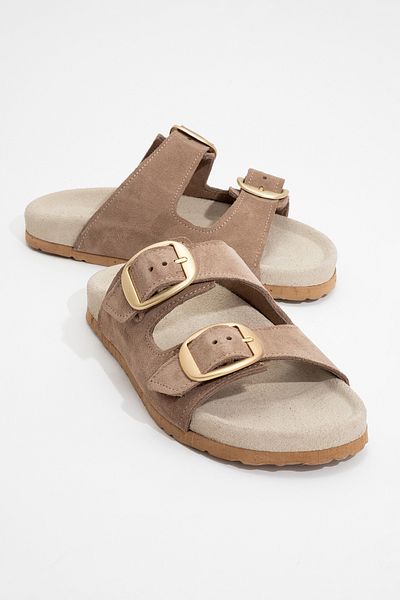 Ataköy Ayakkabı Women's Leather Double Buckle Slippers