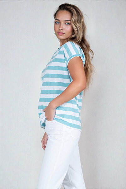 Kyron Dámské pruhované dvoulůžkové tričko ze 100% bavlny s nízkým rukávem – s různými barevnými variantami