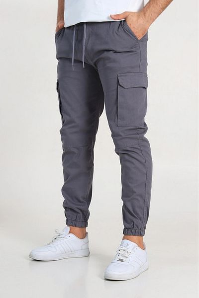 SERAZAT Men's Gray Cargo Pocket Pants Elastic Leg Lycra Jogger Trousers
