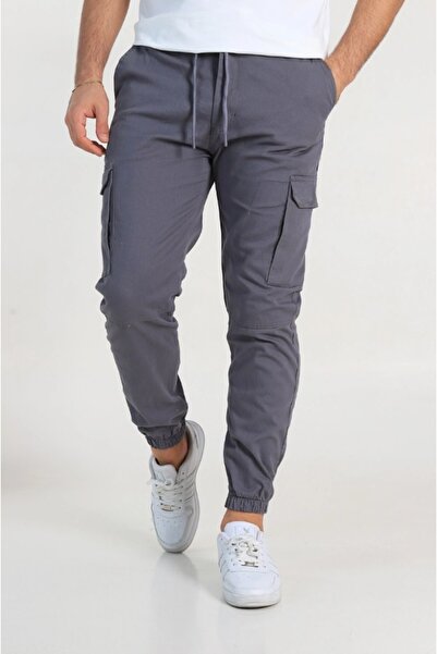 SERAZAT Men's Gray Cargo Pocket Pants Elastic Leg Lycra Jogger Trousers