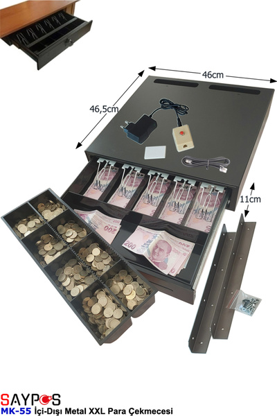 SAYPOS Butonlu ve Askılı İç-Dış Ful Metal Ağır Yük Para Çekmecesi 5 Banknotlu Ekstra Büyük 46x46,5x11cm
