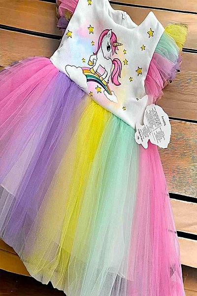 DeKuBaby Rochie de seară pentru copii cu fustă din tul pliată cu imprimeu unicorn, spectacol, petrecere, ziua de naștere, rochie de nuntă