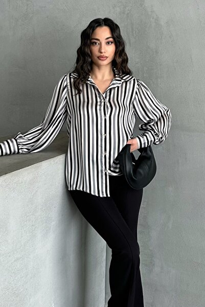 MD trend Kadın Renkli Çizgili Balon Kol Saten Gömlek