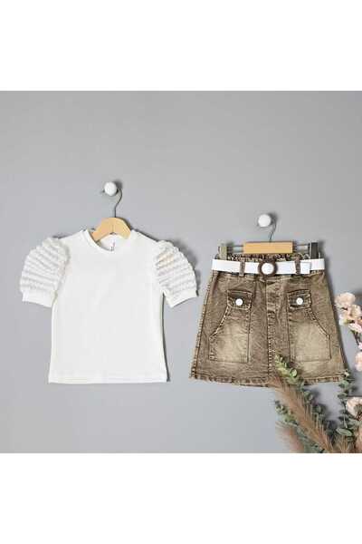 BLR KİDS Girl Child Seersucker Sleeve Denim Skirt Bottom Top Set