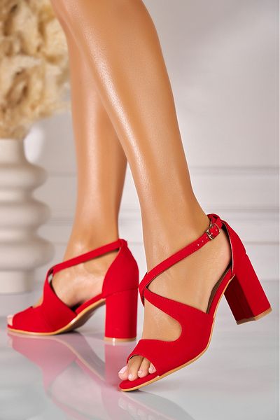 Joana Women's Red Heel Sandals Made of Meka Eco-Suede Leather