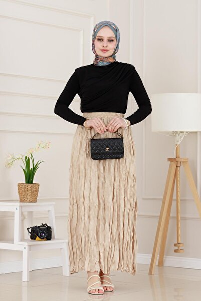 Sevitli Fusta cu talie elastică - Maro lapte