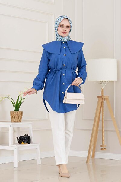 Sevitli تونيك بياقة واسعة مع تفاصيل دانتيل على الخصر - نيلي