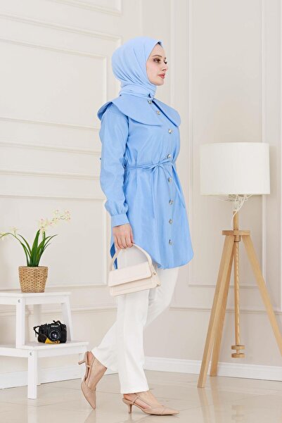 Sevitli Tunica cu guler lat cu detaliu din dantela la talie - albastru bebelus