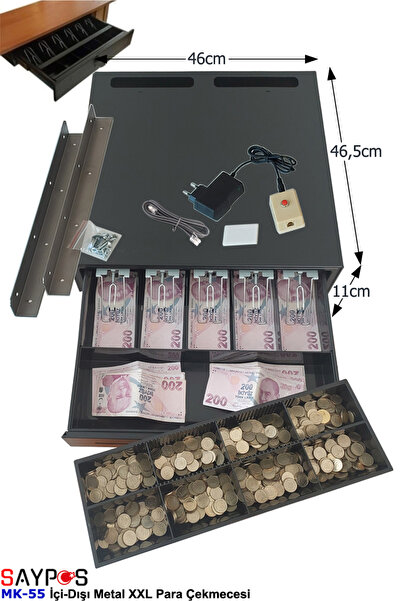 SAYPOS Butonlu ve Askılı İç-Dış Ful Metal Ağır Yük Para Çekmecesi 5 Banknotlu Ekstra Büyük 46x46,5x11cm