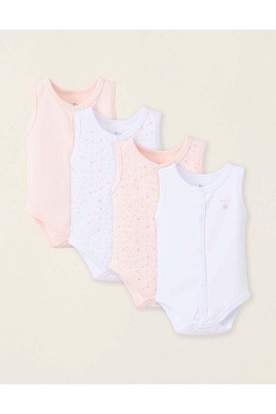 Ziddy Pack of 4 Sleeveless Cotton Bodysuits for Baby Girls, White/Pink