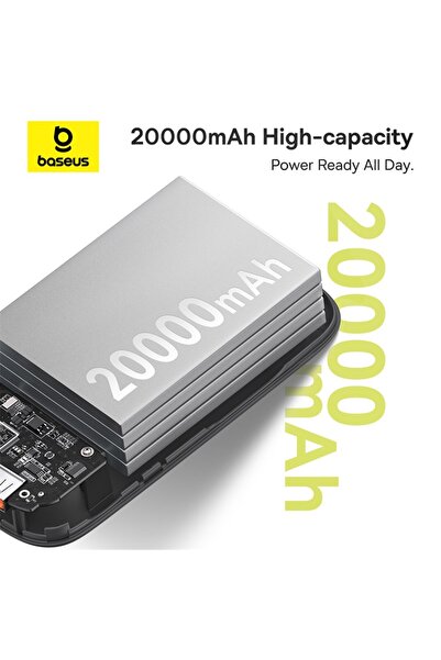 Baseus بنك طاقة Qpow2 بسعة 20000 مللي أمبير/ساعة وقوة 30 واط مع كابلات Type-c مدمجة وشاشة رقمية، لون أسود
