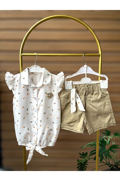PAMPAL ÇOCUK Ruffle Sleeve Tie-Up Blouse & Shorts 2-Piece Girls' Set