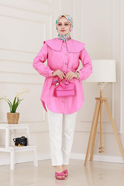 Sevitli Φαρδύ γιακά με λεπτομέρεια με κορδόνι στη μέση-ροζ