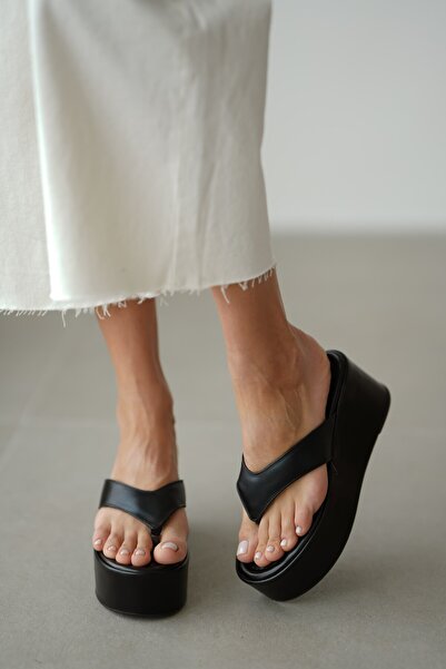 selin shoes Lexis Thick Heeled Flip Flops Women's Slippers - Black