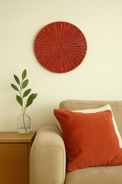 oceanpoint Round Rattan Wall Decor, Handmade, Red, Bohemian Natural Design, Home and Office Wall Ornament, 35 cm
