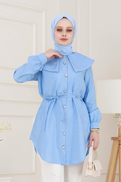 Sevitli Tunica cu guler lat cu detaliu din dantela la talie - albastru bebelus