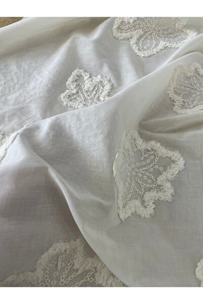 METERİAL Beyaz Nakışlı Aplikeli Pamuklu Kumaş Yumuşak Doku, Şık Tasarım, 1 Metre