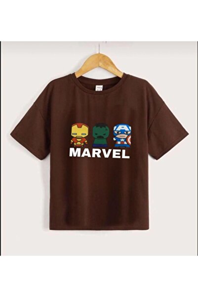 Topçu Bisiklet Yaka Marvel Baskılı Kahverengi Unisex Çocuk T-shirt