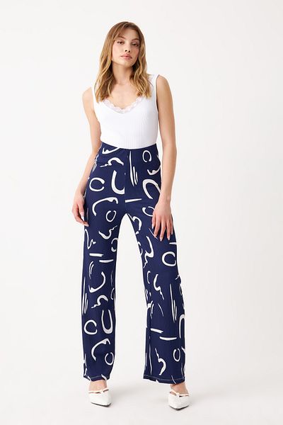Know Women's Navy Blue Patterned Pipe Leg Trousers