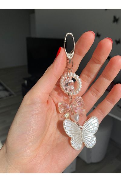 Pinky Lady Butterfly Coquette Design Pearl Bead Bag Charm Keychain Handbag Accessory