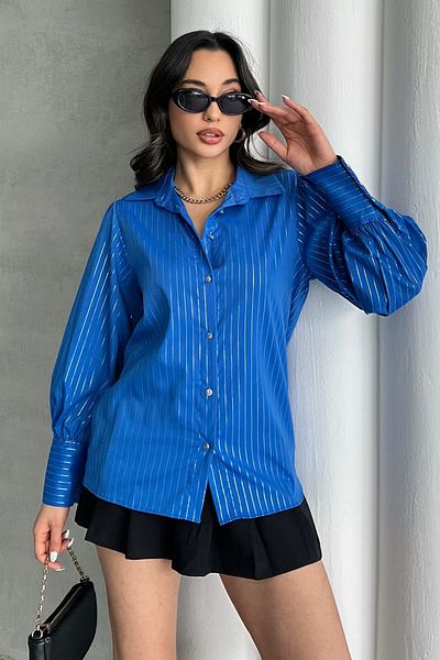MD trend Women's Foil Striped Balloon Sleeve Shirt