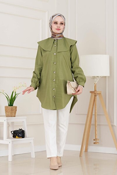 Sevitli Beli Bağcık Detaylı Geniş Yaka Tunik-Yeşil