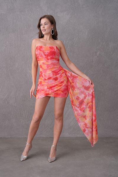 bayansepeti Orange Sky Pattern Strapless Draped Mini Dress for Women 169 Model