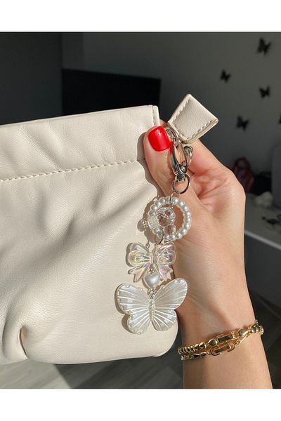Pinky Lady Butterfly Coquette Design Pearl Bead Bag Charm Keychain Handbag Accessory