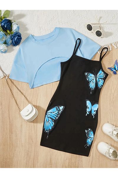 npLStore Παιδικό φόρεμα με στάμπα πεταλούδας & Crop T-shirt 2 τεμαχίων συνδυασμός