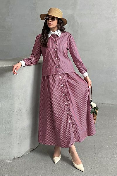 MD trend Women's Striped Front Detailed Shirt-Skirt Double Set