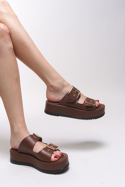 Riccon Papuci Winledha pentru femei - cataramă dublă, piele maro, 001278   Model