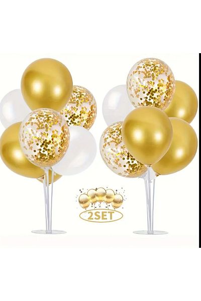 Çemrek Süs Parti 2 Balloon Stands 7 Pieces 75 cm Gold Chrome Sequin Transparent Balloon 14 Pieces