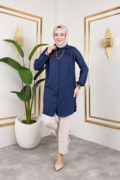 Nevayla Moda Gathered Front Ankle Elastic Tunic - Navy Blue / Ü104