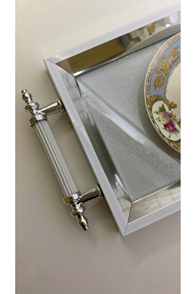 MKLAKS LÜKS - CROM SİMLİ BEYAZ ŞERİTLİ ÇAY - KAHVE -SÜS -NİŞAN -SÖZ TEPSİSİ D...