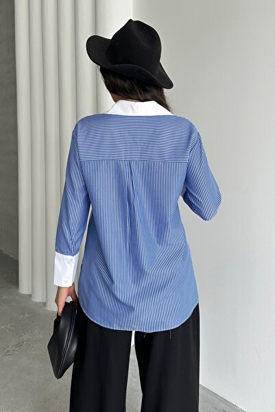 MD trend Γυναικείο πουκάμισο με ριγέ δαντέλα κεντημένο