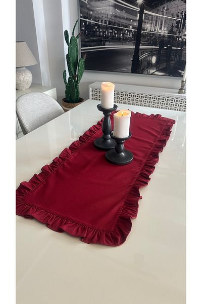 Decamor home Linen Carefree Stain Resistant Vintage Full Ruffled Burgundy Runner
