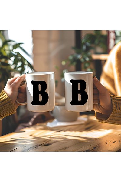 BB TRADE كوب مطبوع من السيراميك الأبيض بتصميم حرف B سعة 330 مل