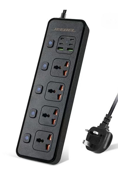 Jeebel 3250W Power Strip, 4 Power Outlets + 4 Type-C Ports + 2 USB Ports, 3 Meters Long | Black