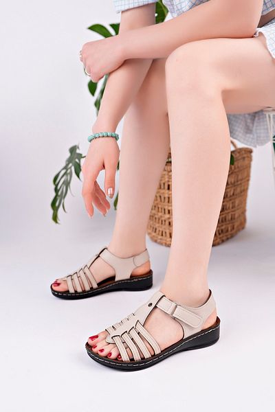 McDark Women's Beige Velvet Wedged Heel Orthopedic Sandals